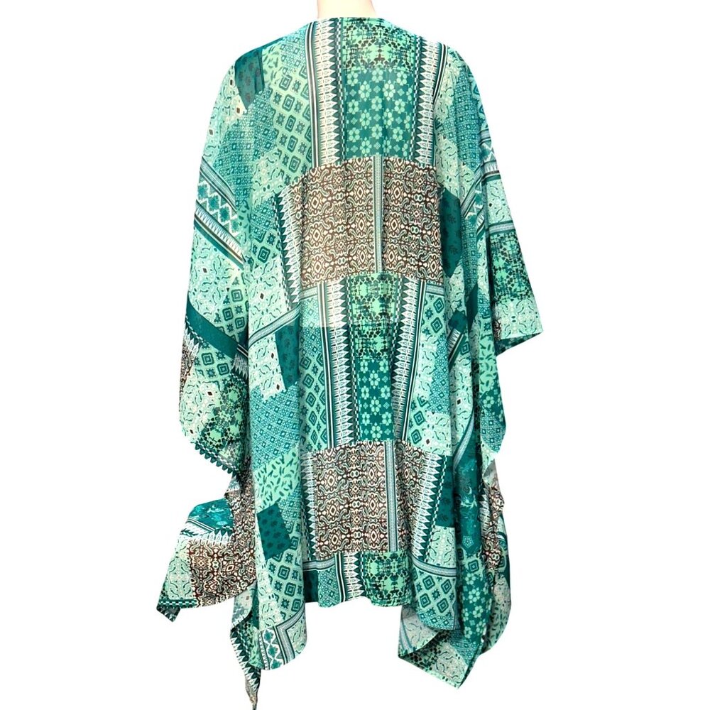 CCC Bohemian Style Patchwork Cape Lightweight Sheer Fabric Elegant Turquoise Whi - Picture 5 of 10